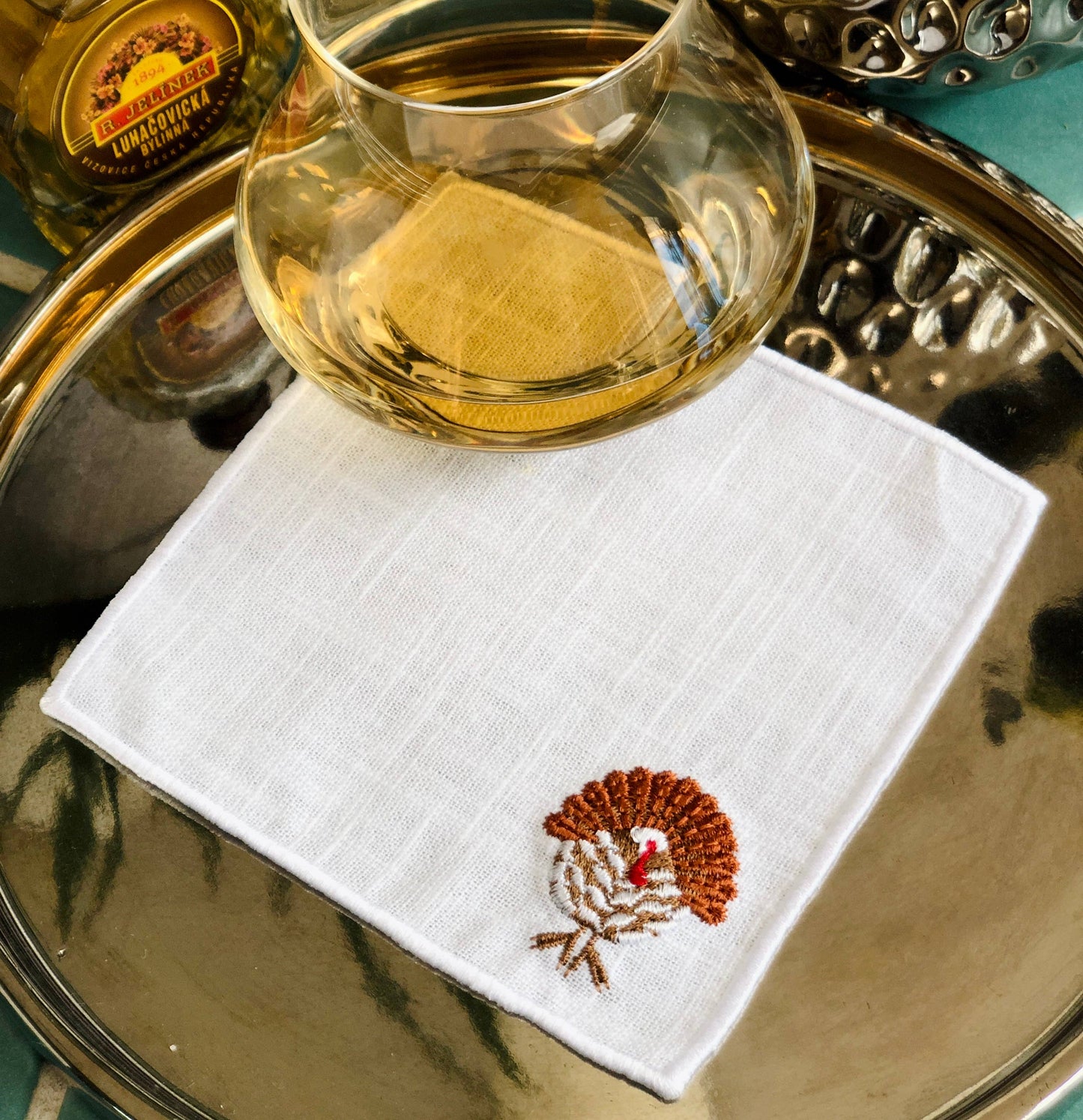 Set of 4 Thanksgiving Embroidered Turkey Cocktail Napkins