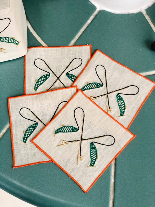 Set of 4/6 Fishing Embroidered Linen Cocktail Napkins