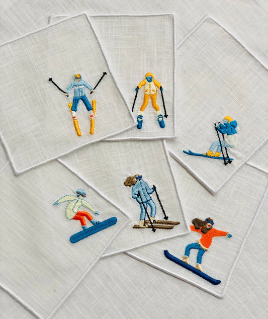 Set of 4/6 Embroider Winter Sport Olympics Cocktail Napkins