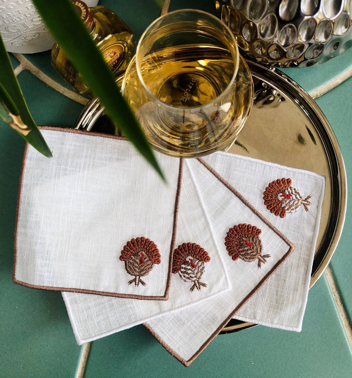 Set of 4 Thanksgiving Embroidered Turkey Cocktail Napkins