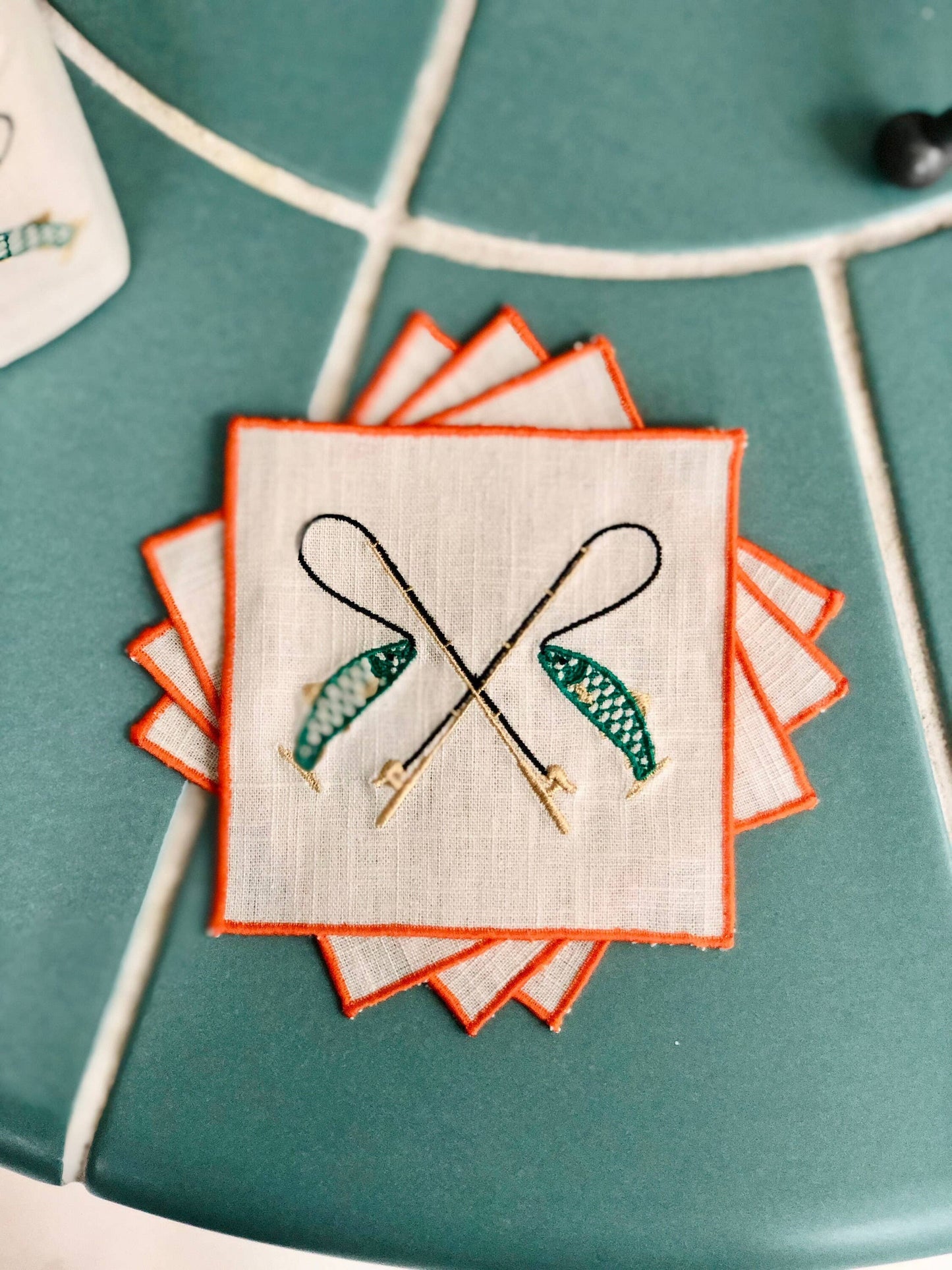 Set of 4/6 Fishing Embroidered Linen Cocktail Napkins