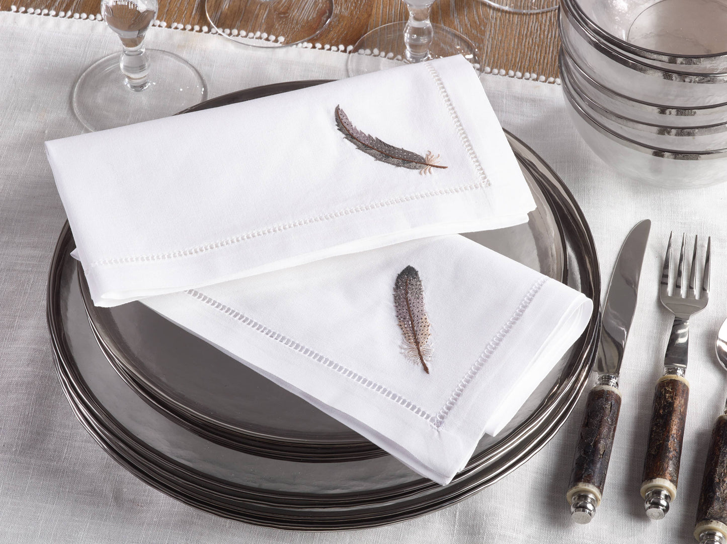 Embroidered Grey Feather Napkin