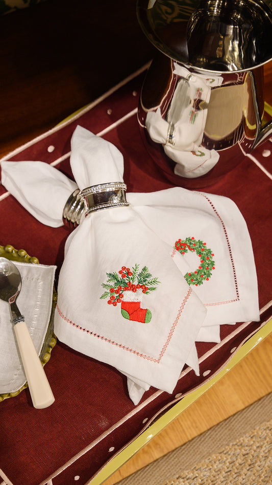 Embroidered Christmas Stocking Dinner Napkin Set of 4