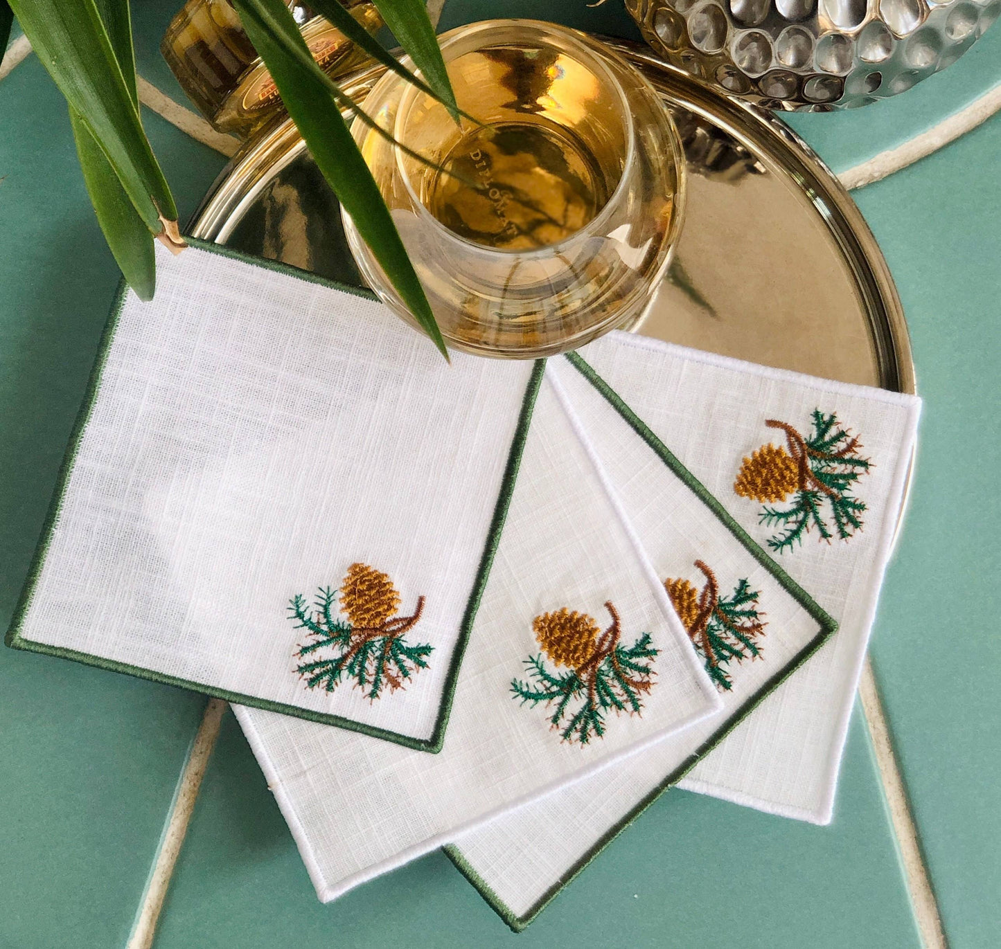 Embroidered Pine Cone Cocktail Napkins (Set of 4)